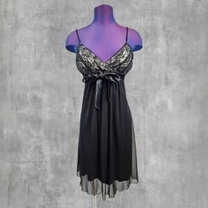 Taboo Black Silver Lace Babydoll Dress Empire Waist Satin Bow Size Medium R30